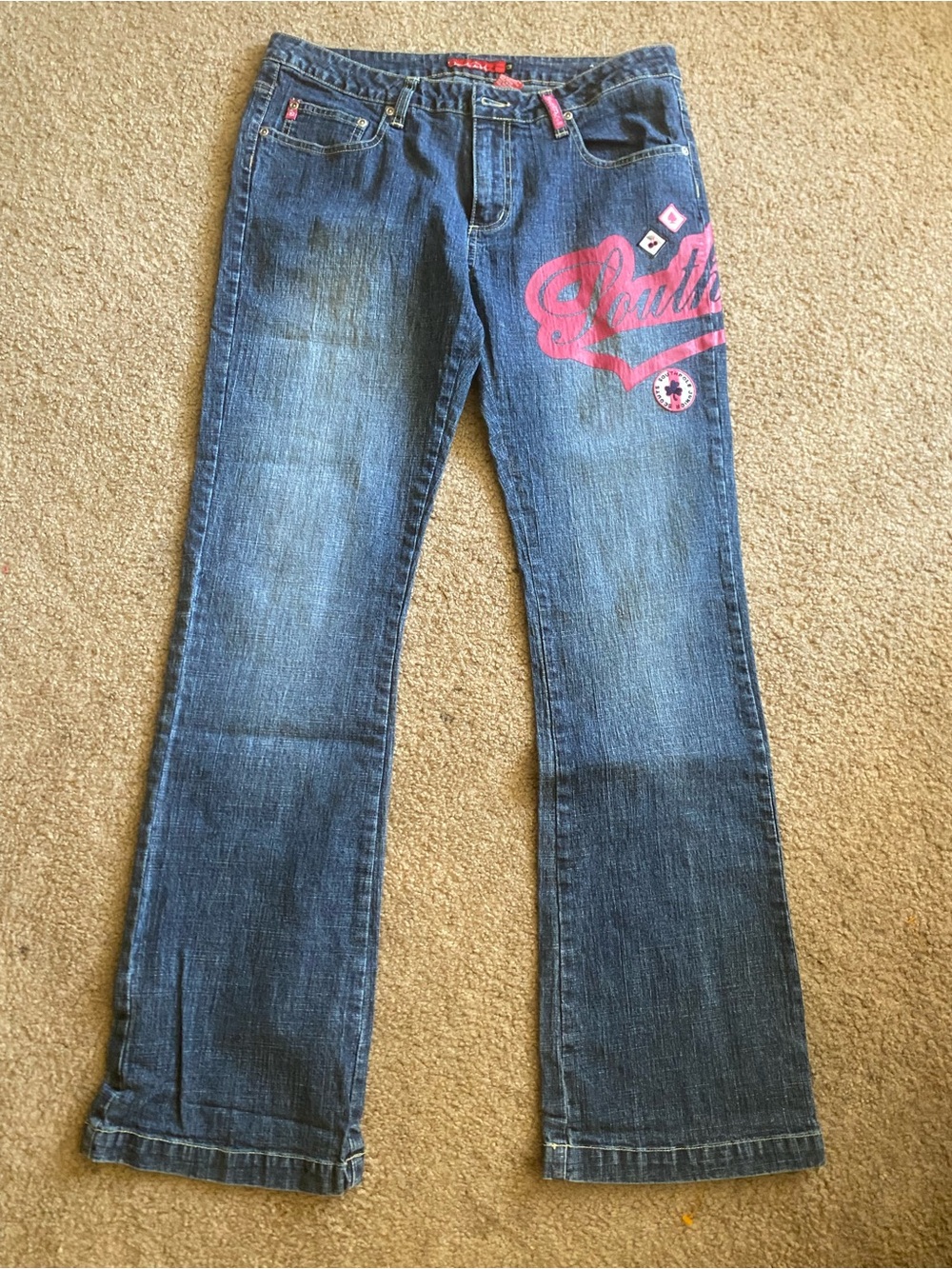VTG Y2K Southpole Juniors Flare Jeans Size 13 Pink Graphic Patches Cyber
